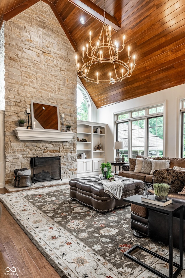 13346 W Sherbern Dr, Carmel, IN 46032 - living room with wooden ceiling, hardwood / wood-style flooring, a chandelier, high vaulted ceiling, and a stone fireplace