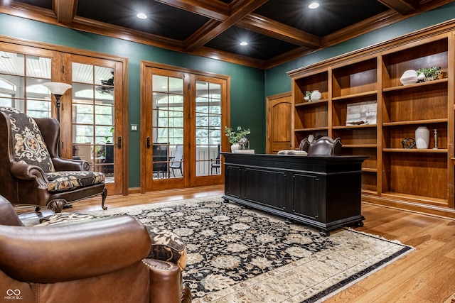 13346 W Sherbern Dr, Carmel, IN 46032 - office space featuring light wood-style floors, beam ceiling, coffered ceiling, and crown molding