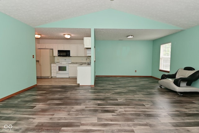 1411 Mimosa Ct, Greenfield, IN 46140 - unfurnished living room with lofted ceiling, dark wood-type flooring, and a textured ceiling