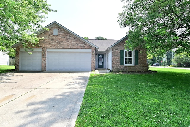 1411 Mimosa Ct, Greenfield, IN 46140 - single story home with driveway, a garage, brick siding, and a front lawn