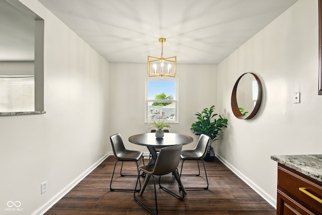 1513 S Rural St, Indianapolis, IN 46203 - dining space with baseboards, dark wood-style floors, and a chandelier