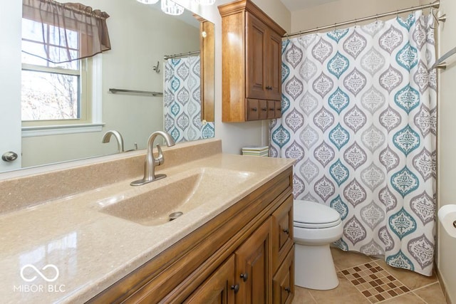 2457 N Centerline Rd, Franklin, IN 46131 - bathroom featuring toilet, vanity, tile patterned floors, and a shower with shower curtain