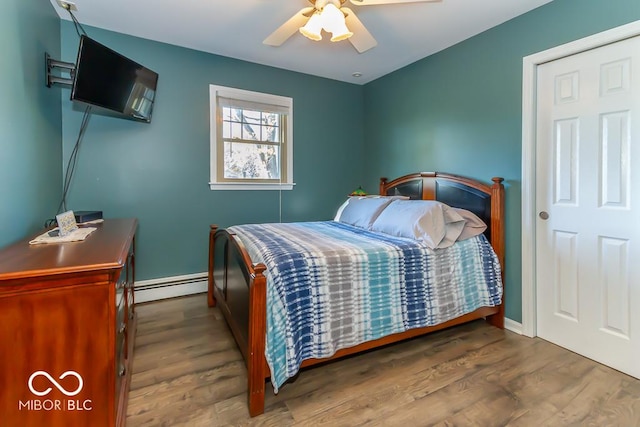2457 N Centerline Rd, Franklin, IN 46131 - bedroom featuring a baseboard radiator, wood finished floors, baseboards, and ceiling fan