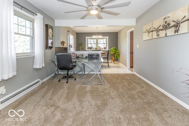 2457 N Centerline Rd, Franklin, IN 46131 - office area featuring carpet flooring, a baseboard radiator, ceiling fan, and baseboards