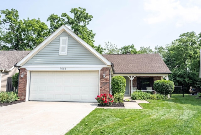 7686 Micawber Ct, Indianapolis, IN 46256 - view of front of property featuring brick siding, driveway, a garage, a shingled roof, and covered porch