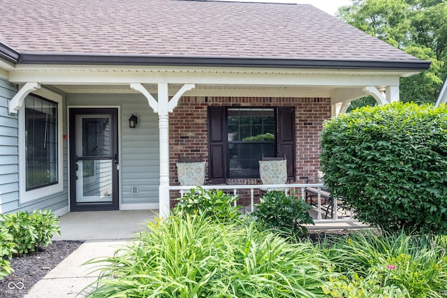 7686 Micawber Ct, Indianapolis, IN 46256 - view of exterior entry with brick siding, roof with shingles, and a porch