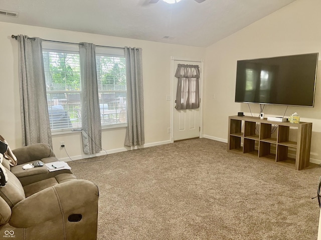 108 Meadowview Dr, Mooresville, IN 46158 - carpeted living area featuring baseboards, ceiling fan, and vaulted ceiling