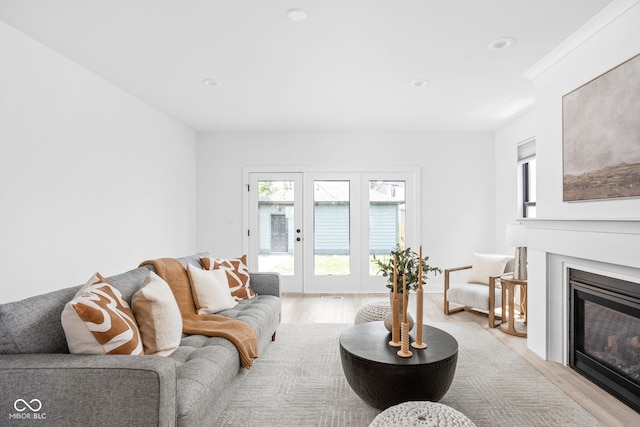 1717 Carrollton Ave, Indianapolis, IN 46202 - living room with light wood-style floors, a glass covered fireplace, recessed lighting, and french doors