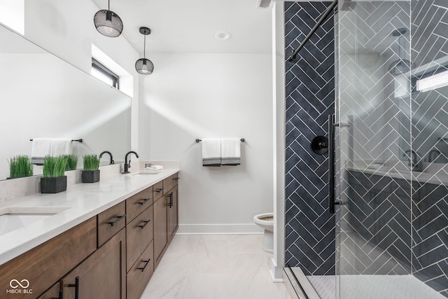 1717 Carrollton Ave, Indianapolis, IN 46202 - full bathroom featuring double vanity, a shower stall, and marble finish flooring