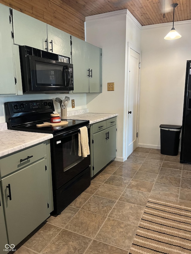 26 Oakwood Ave, North Vernon, IN 47265 - kitchen with black appliances, wooden ceiling, crown molding, light countertops, and baseboards