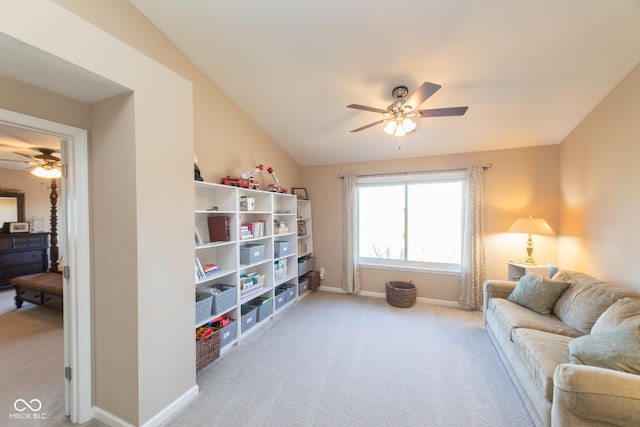 226 S Cave Creek Dr S, Bloomington, IN 47403 - sitting room featuring ceiling fan, carpet floors, baseboards, and lofted ceiling