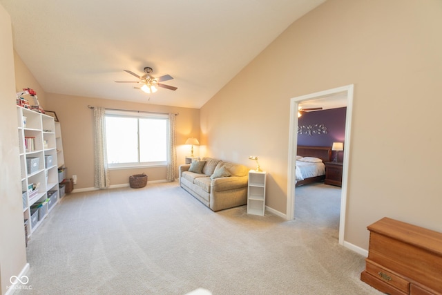 226 S Cave Creek Dr S, Bloomington, IN 47403 - living area featuring a ceiling fan, carpet flooring, lofted ceiling, and baseboards