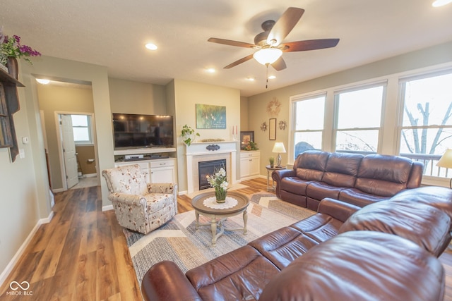 226 S Cave Creek Dr S, Bloomington, IN 47403 - living room featuring a ceiling fan, baseboards, plenty of natural light, wood finished floors, and recessed lighting