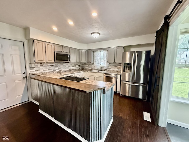 1002 Meadow Ln, Greencastle, IN 46135 - kitchen featuring stainless steel appliances, wood counters, a sink, gray cabinetry, and a peninsula