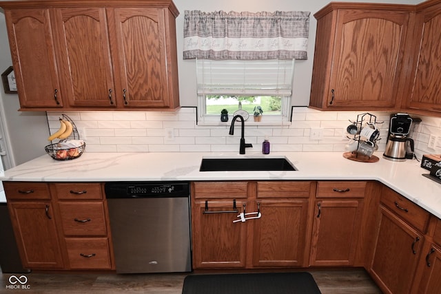 1744 Salina Dr, Avon, IN 46123 - kitchen with dishwasher, decorative backsplash, dark wood-style flooring, and brown cabinetry