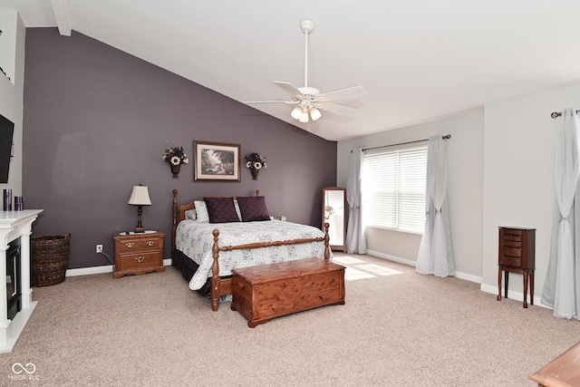1744 Salina Dr, Avon, IN 46123 - bedroom featuring vaulted ceiling, carpet floors, ceiling fan, and a fireplace