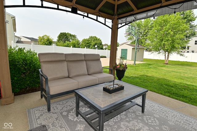 1744 Salina Dr, Avon, IN 46123 - fenced backyard with a patio, an outdoor hangout area, and a storage shed