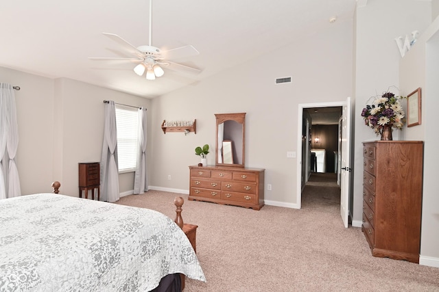 1744 Salina Dr, Avon, IN 46123 - bedroom featuring light colored carpet, vaulted ceiling, and ceiling fan