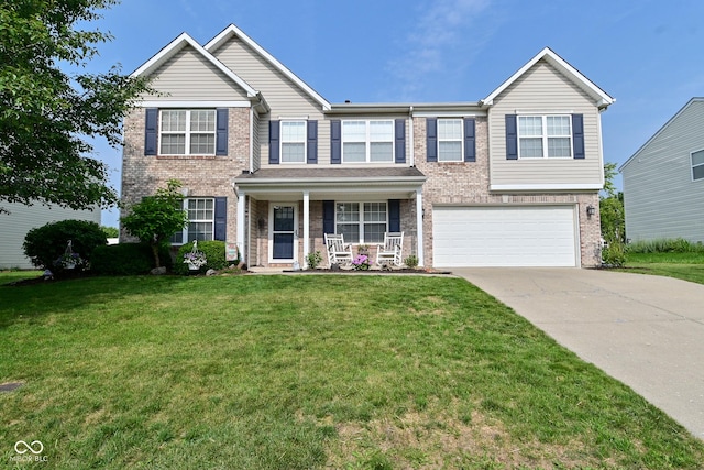 1744 Salina Dr, Avon, IN 46123 - view of front of house featuring covered porch, an attached garage, brick siding, driveway, and a front yard