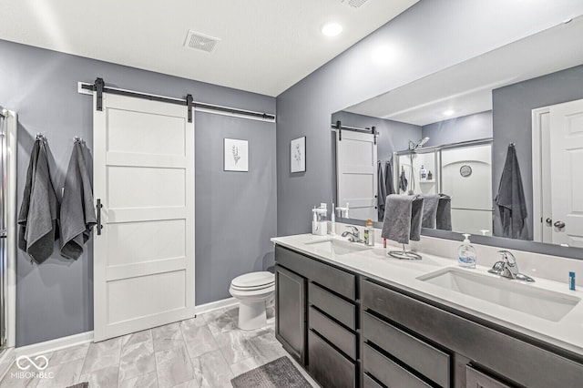 126 Winding Brook Way, Pendleton, IN 46064 - bathroom with double vanity, toilet, marble look tile flooring, a shower with shower door, and baseboards