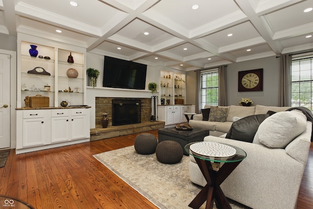 9550 E State Road 46, Bloomington, IN 47401 - living room featuring wood-type flooring, plenty of natural light, coffered ceiling, a fireplace, and beamed ceiling