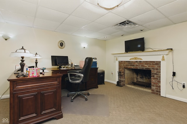 9550 E State Road 46, Bloomington, IN 47401 - office area with a paneled ceiling, a fireplace, light carpet, and baseboards