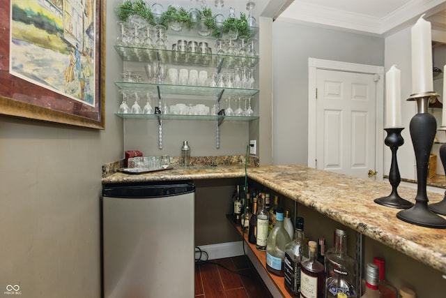 9550 E State Road 46, Bloomington, IN 47401 - indoor bar with refrigerator, crown molding, baseboards, and dark wood-style flooring