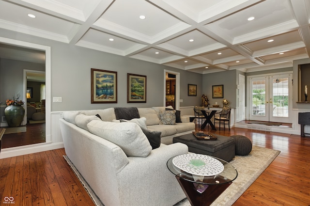 9550 E State Road 46, Bloomington, IN 47401 - living area with coffered ceiling, hardwood / wood-style flooring, beamed ceiling, french doors, and wainscoting