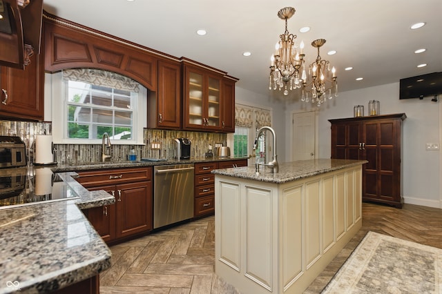 9550 E State Road 46, Bloomington, IN 47401 - kitchen with dishwasher, a sink, recessed lighting, backsplash, and glass insert cabinets