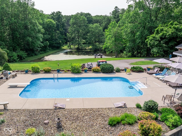 9550 E State Road 46, Bloomington, IN 47401 - outdoor pool featuring a diving board, a patio area, and a yard