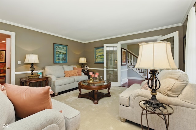 9550 E State Road 46, Bloomington, IN 47401 - carpeted living area featuring stairway and ornamental molding