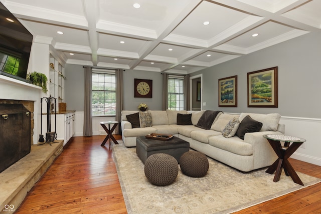 9550 E State Road 46, Bloomington, IN 47401 - living room with hardwood / wood-style flooring, coffered ceiling, beamed ceiling, a fireplace with raised hearth, and recessed lighting