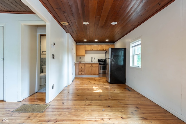 308 S Madison St, Bloomington, IN 47403 - kitchen with freestanding refrigerator, stainless steel electric range oven, recessed lighting, a sink, and light wood-style floors