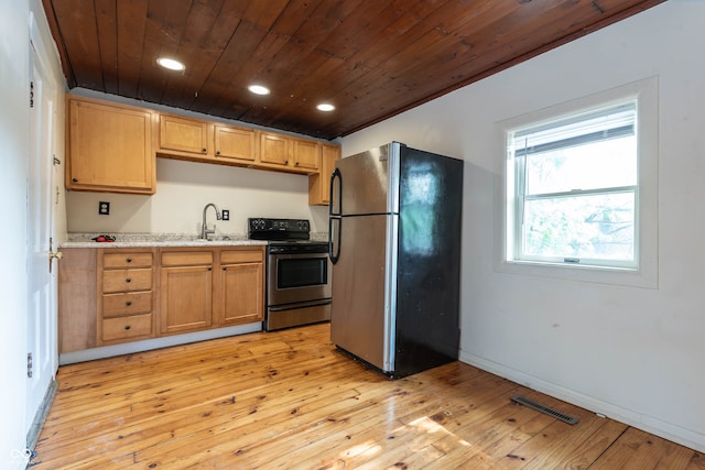 308 S Madison St, Bloomington, IN 47403 - kitchen with appliances with stainless steel finishes, wooden ceiling, light wood finished floors, recessed lighting, and baseboards