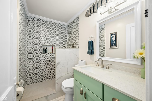 188 Maple Ln, Franklin, IN 46131 - bathroom with ornamental molding, toilet, walk in shower, vanity, and marble look tiles