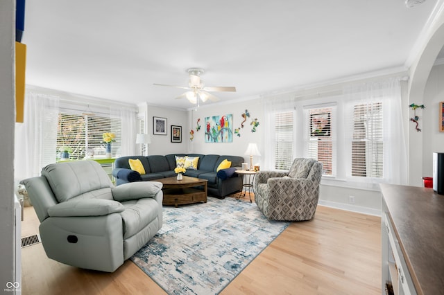 188 Maple Ln, Franklin, IN 46131 - living area with ornamental molding, ceiling fan, healthy amount of natural light, light wood-type flooring, and baseboards