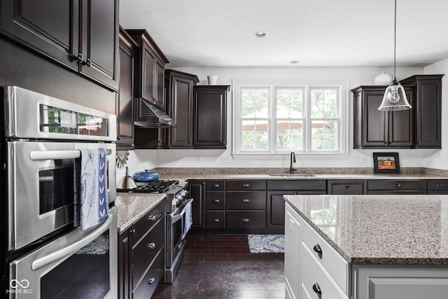 4529 Panthera Leo Dr, Carmel, IN 46074 - kitchen with stainless steel appliances, light stone countertops, under cabinet range hood, dark wood-style flooring, and hanging light fixtures
