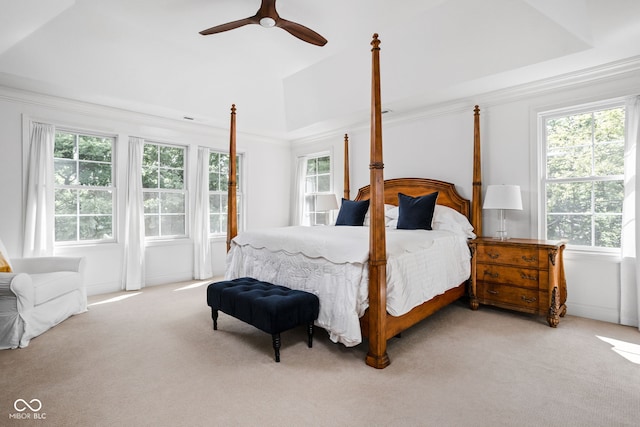 4529 Panthera Leo Dr, Carmel, IN 46074 - bedroom with light colored carpet, vaulted ceiling, ceiling fan, and ornamental molding