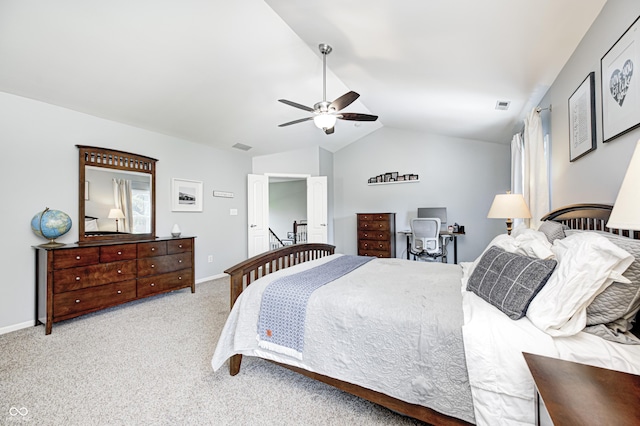 10717 Windermere Blvd, Fishers, IN 46037 - bedroom with vaulted ceiling, carpet, a ceiling fan, and an office area