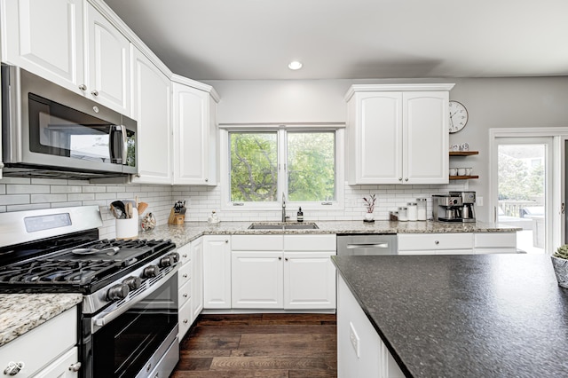 10717 Windermere Blvd, Fishers, IN 46037 - kitchen featuring stainless steel appliances, plenty of natural light, recessed lighting, dark wood-style floors, and decorative backsplash