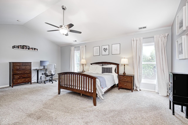 10717 Windermere Blvd, Fishers, IN 46037 - bedroom with carpet, an office area, vaulted ceiling, and a ceiling fan