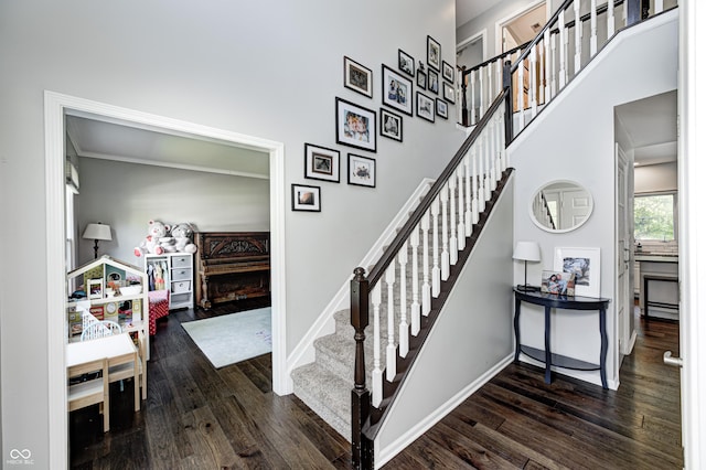 10717 Windermere Blvd, Fishers, IN 46037 - stairs featuring wood finished floors and a towering ceiling