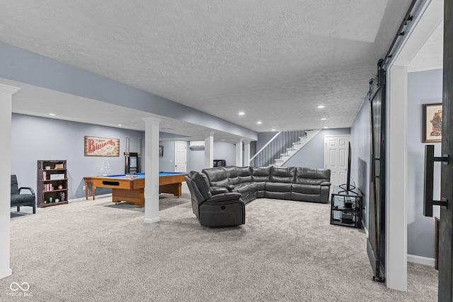 128 Walts Rd, Georgetown, IN 47122 - living room with carpet flooring, a barn door, pool table, a textured ceiling, and stairway