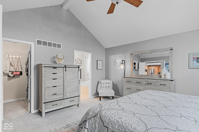128 Walts Rd, Georgetown, IN 47122 - bedroom featuring light carpet, beam ceiling, ensuite bath, high vaulted ceiling, and ceiling fan