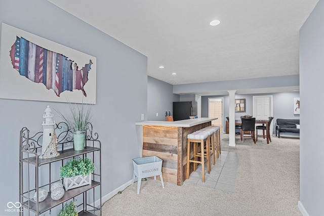 128 Walts Rd, Georgetown, IN 47122 - indoor dry bar featuring carpet flooring, freestanding refrigerator, recessed lighting, and baseboards