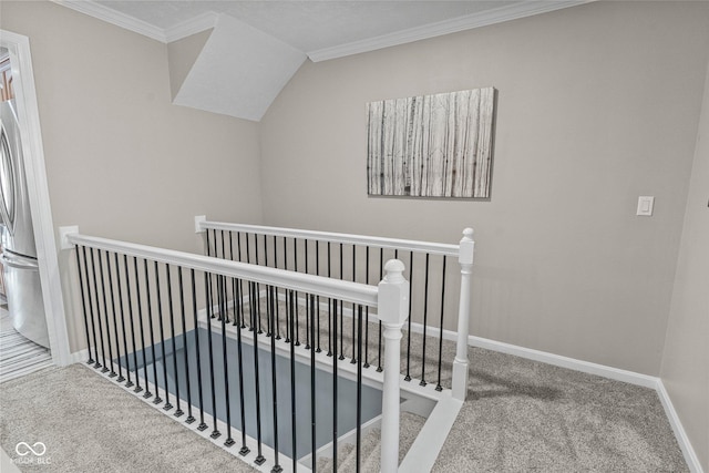 128 Walts Rd, Georgetown, IN 47122 - staircase featuring carpet flooring, crown molding, and baseboards
