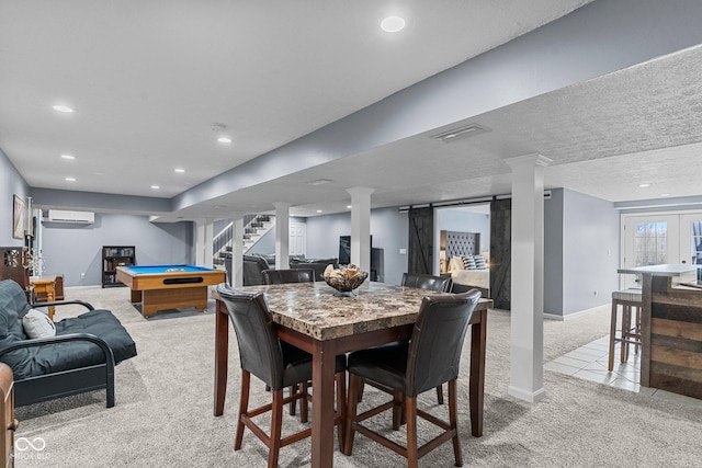 128 Walts Rd, Georgetown, IN 47122 - dining room featuring light carpet, an AC wall unit, baseboards, recessed lighting, and billiards table