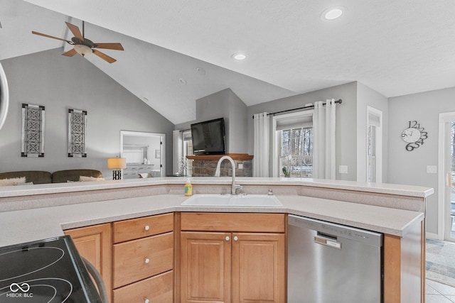 128 Walts Rd, Georgetown, IN 47122 - kitchen with stainless steel dishwasher, a sink, open floor plan, vaulted ceiling, and ceiling fan