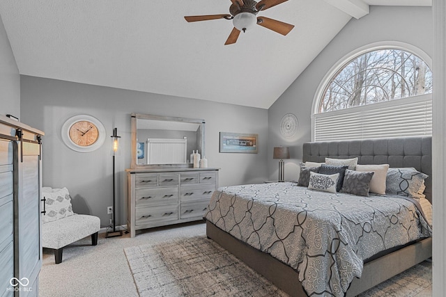 128 Walts Rd, Georgetown, IN 47122 - carpeted bedroom with a barn door, a ceiling fan, high vaulted ceiling, and beam ceiling