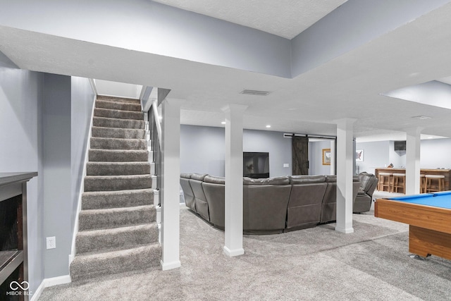 128 Walts Rd, Georgetown, IN 47122 - living room featuring carpet floors, stairs, baseboards, and billiards